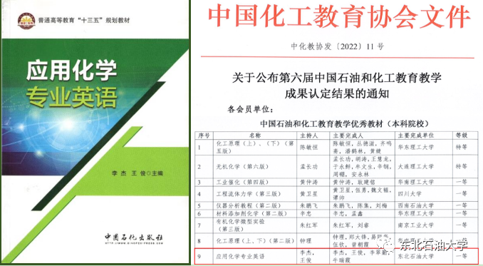东油《应用化学专业英语》荣获第六届中国石油和化工教育教学优秀教材一等奖